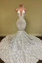 Fashion White Halter Backless Mermaid Flower Bottom Prom Dress